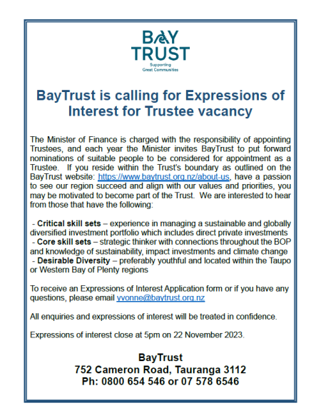 BayTrust is calling for Expressions of Interest for Trustee vacancy